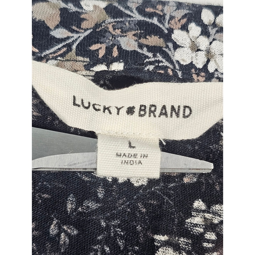Lucky Brand Floral Boho Black Floral Velvet Trim Tie Neck Blouse Women's Large - Picture 2 of 9